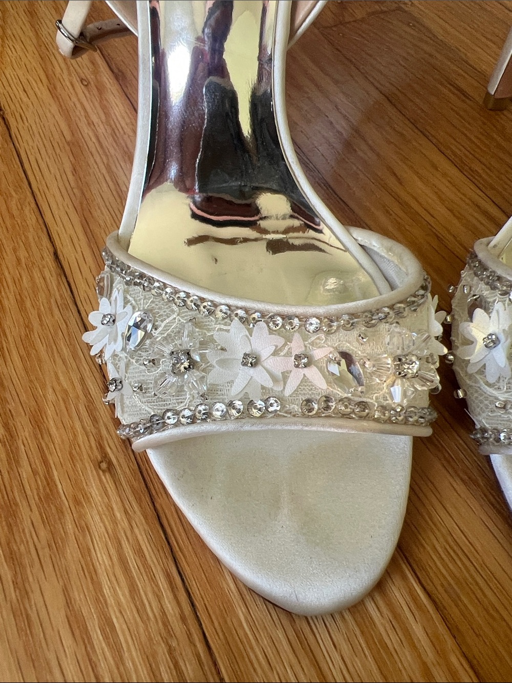 Badgley Mischka Ivory Beaded Floral Open-Toe Heels - Picture 2 of 6